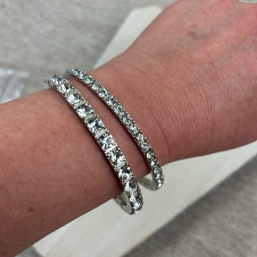 2 vintage rhinestone bangle bracelets silver tone metal